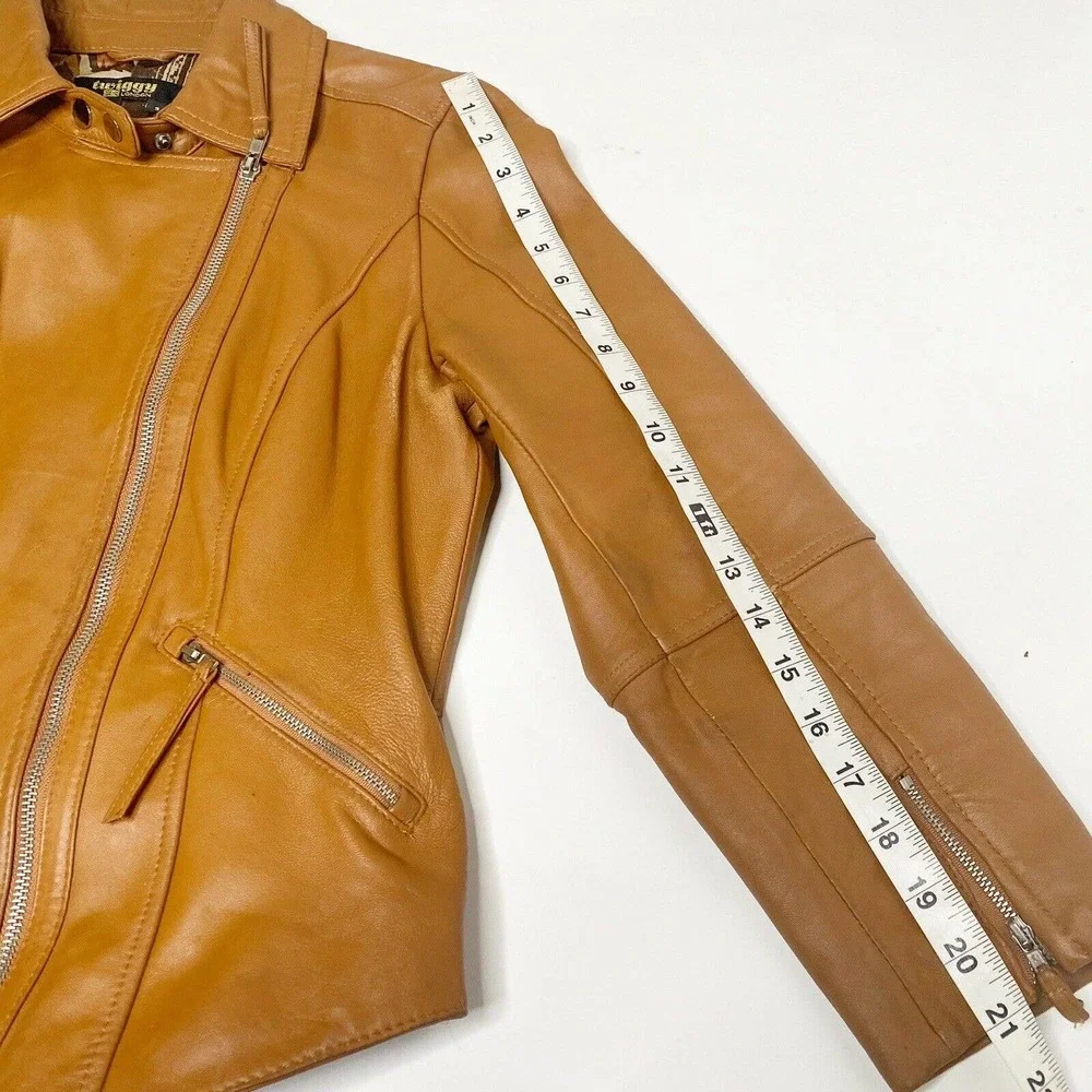 Twiggy of London Tan Leather Full Zip Moto Jacket Hipster Biker Punk Rock Small - Picture 9 of 12